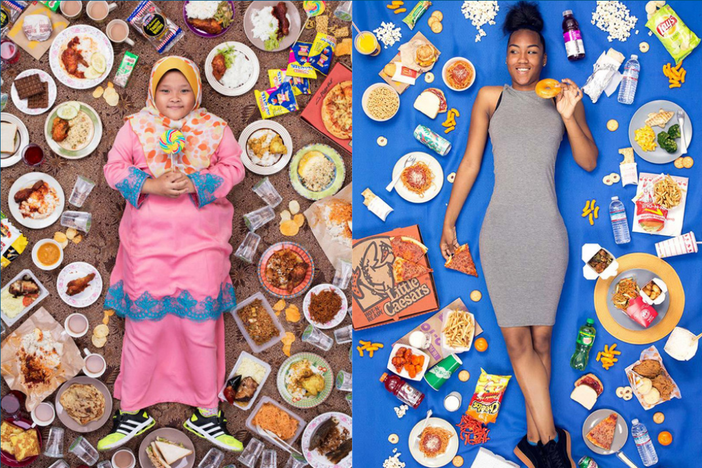 side by side image of young girl and woman with the foods they eat